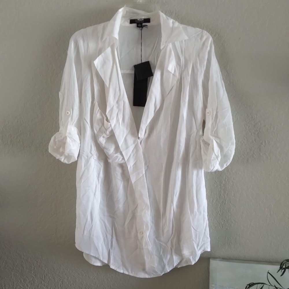 Priorities White Shirt Dress / Tunic / Beach Coverup, one pocket, 3/4 rolled up